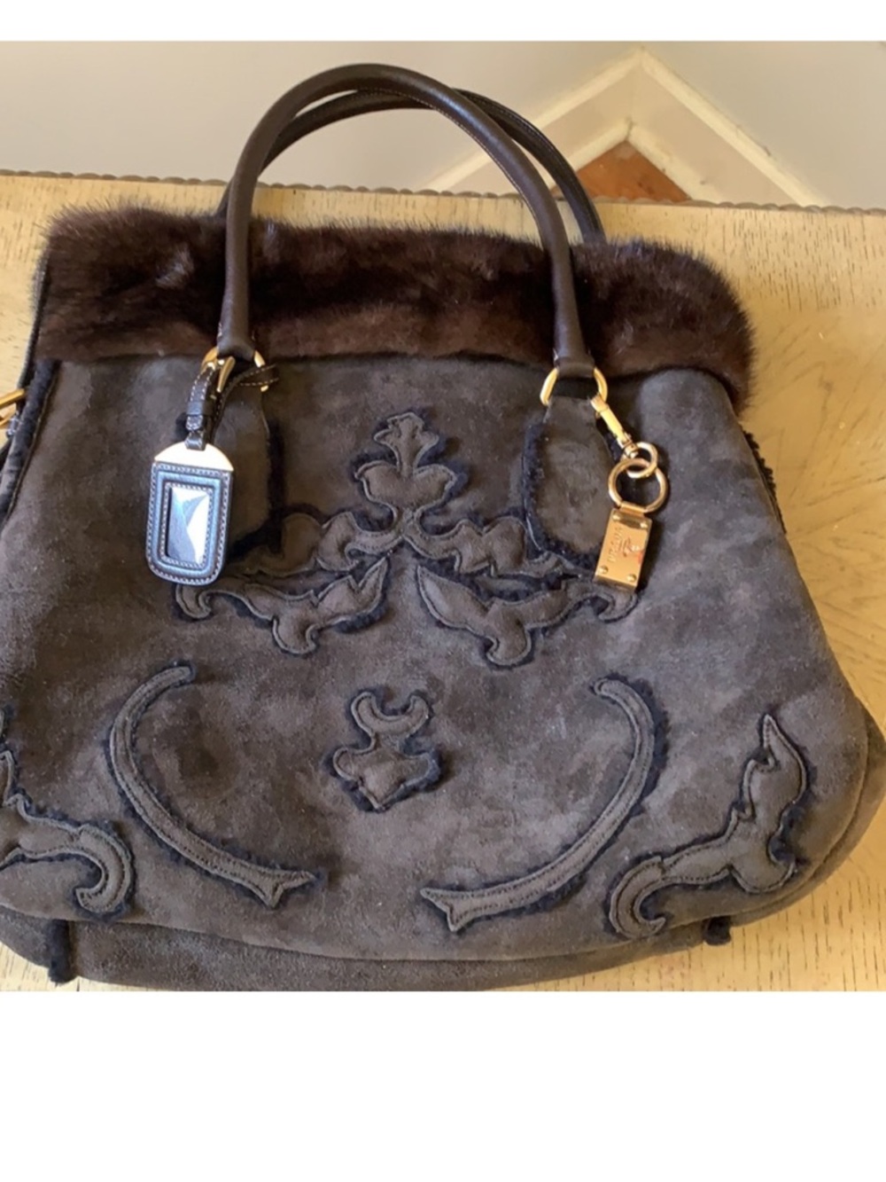 Prada Brown Suede Tote with Mink Fur Trim and Gold Hardware - Picture 6 of 15